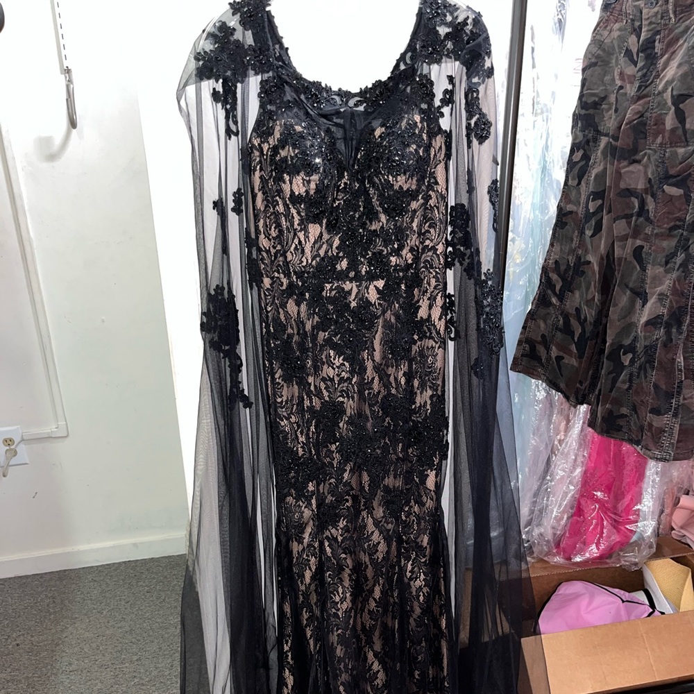 Terani lace cape gown